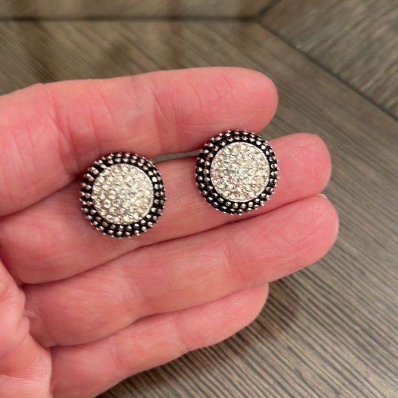 Vintage Round Button Clip Earrings with Rhinestone Pave Centers - Picture 7 of 11